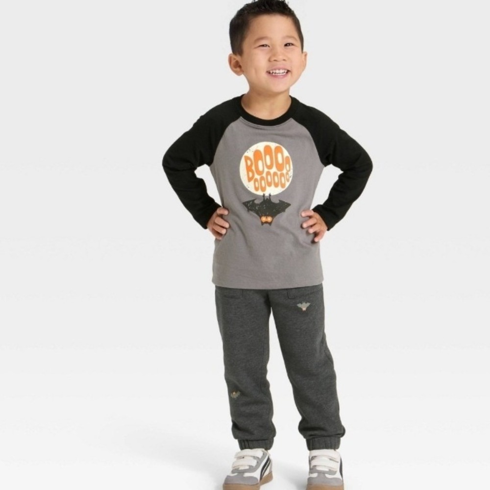 Cat & Jack Baby Boys Halloween Bat Booo Raglan Shirt and Jogger Set Gray 12M NWT